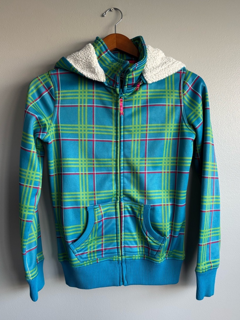 Empyre Womens Snow Fleece Zip Up Hoodie Blue Green Plaid White Sherpa Hood Small